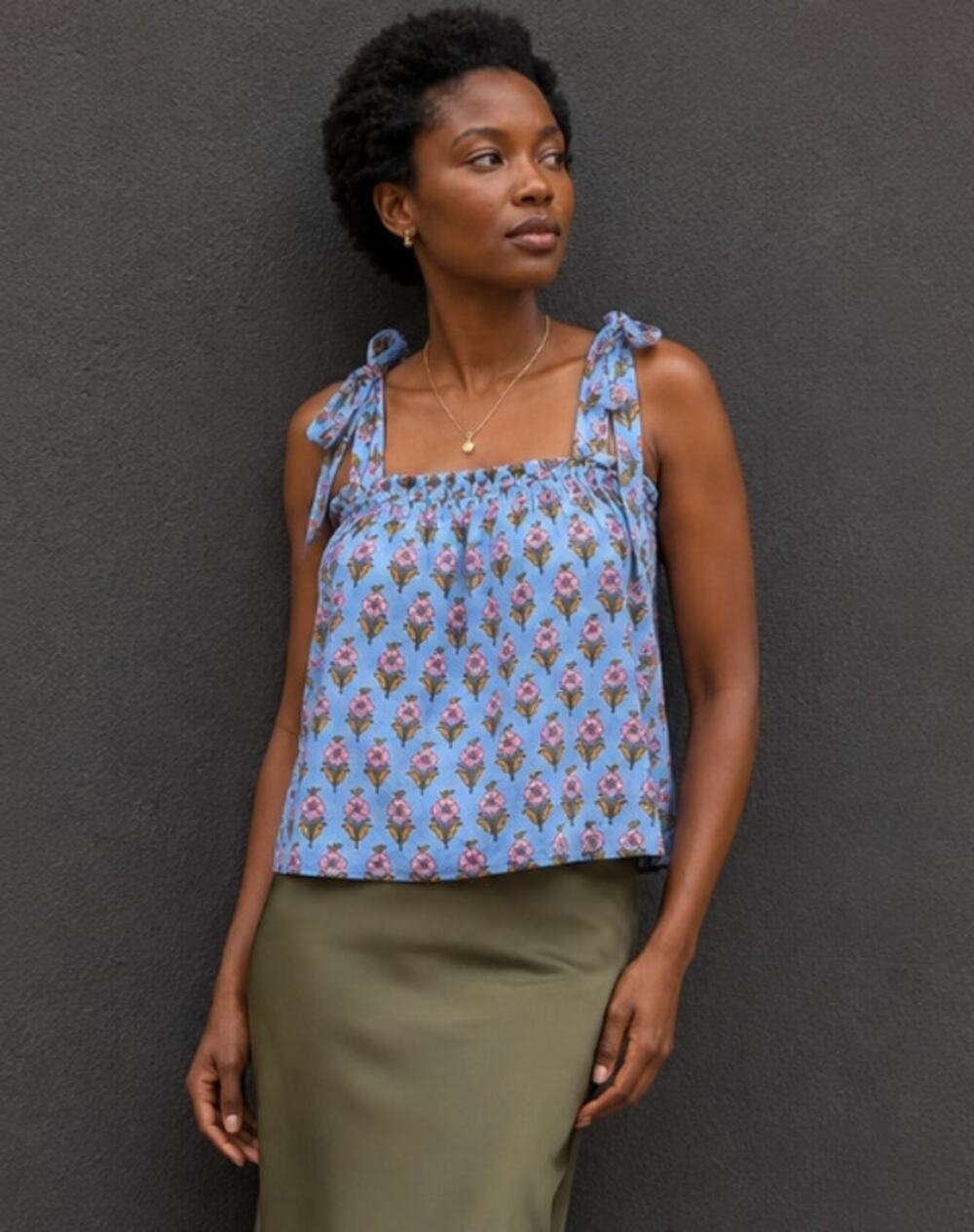 Marea Blue Floral Tie Shoulder Sleeveless Cotton Blouse Top, size XS